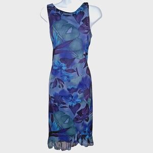 Vtg AGB Byer Dress Womens Sz 10 Blue Floral Beaded Sheath Midi Sheer Fairy 90s